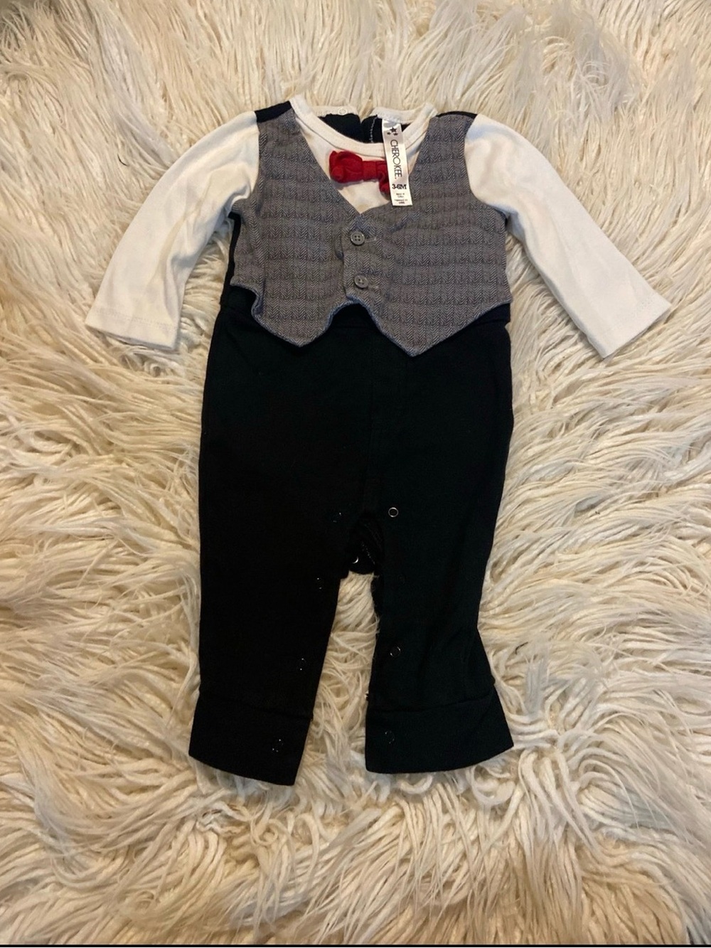 Cherokee boys 3-6 month onesie suit outfit with Gray Vest and Red Bow